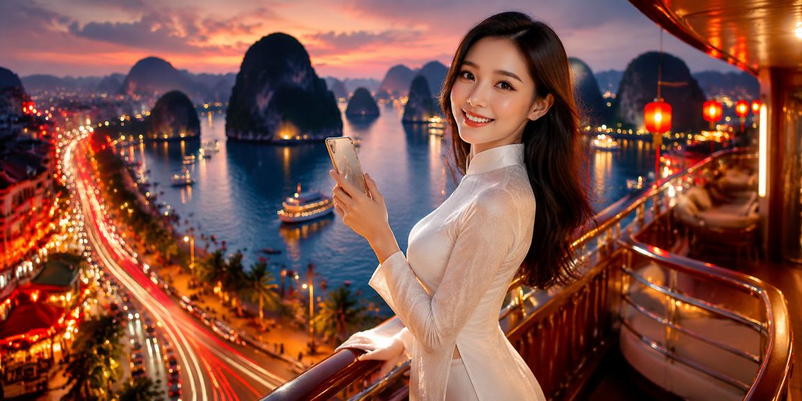 Người dùng áo dài chơi casino trên điện thoại với phong cảnh Vịnh Hạ Long