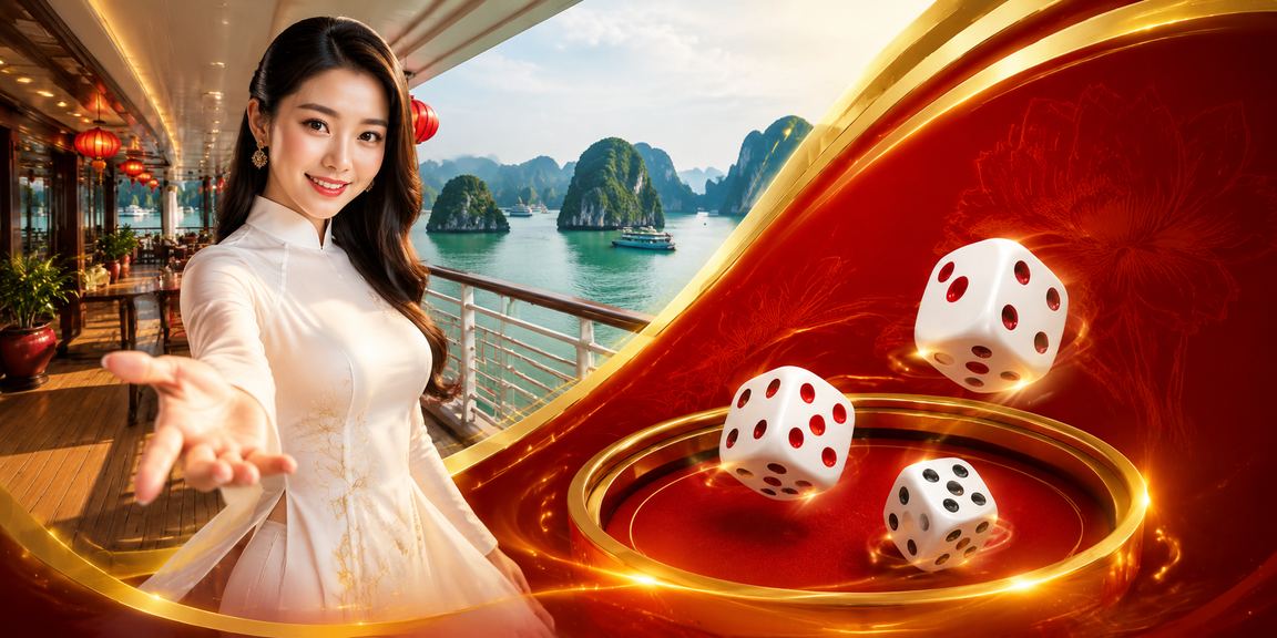 Xúc xắc Tài Xỉu và áo dài Việt Nam trên phông nền Vịnh Hạ Long